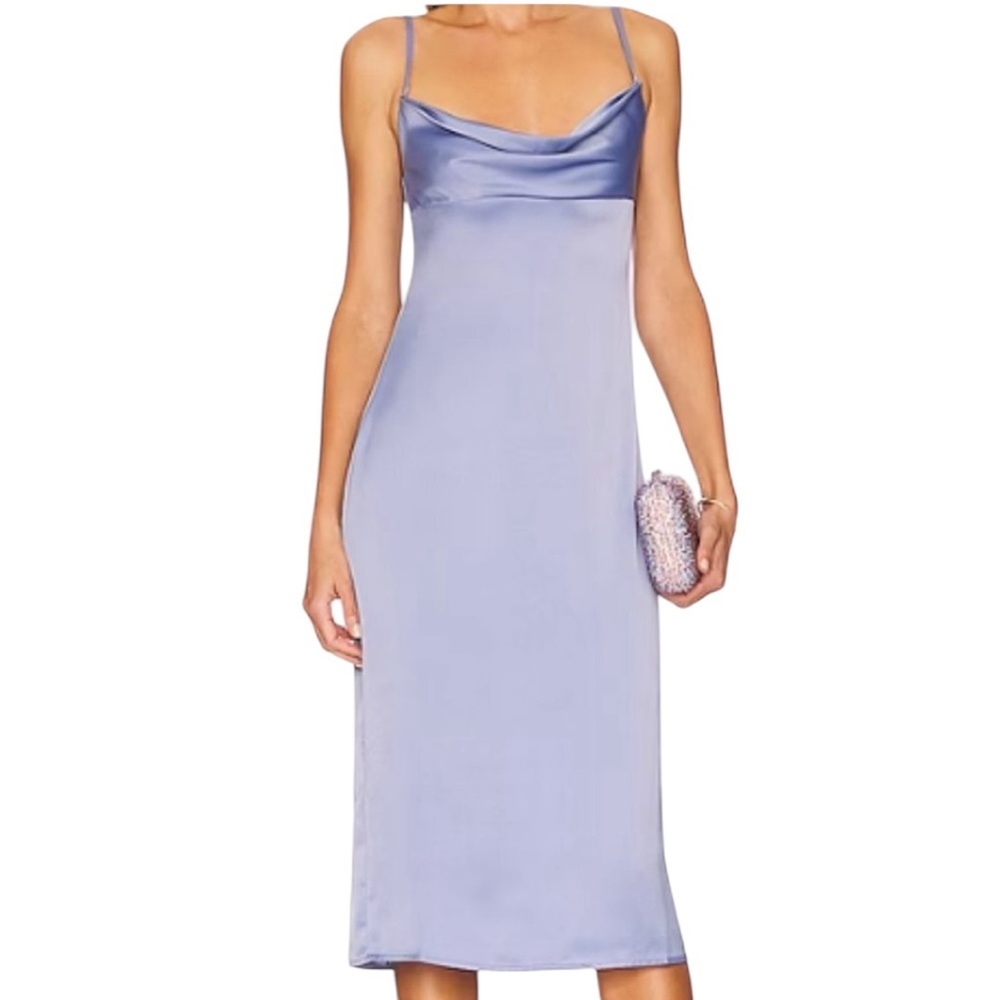 NEW Revolve Weworewhat Cowl Midi Satin Charmeuse Dress in Slate Blue 0